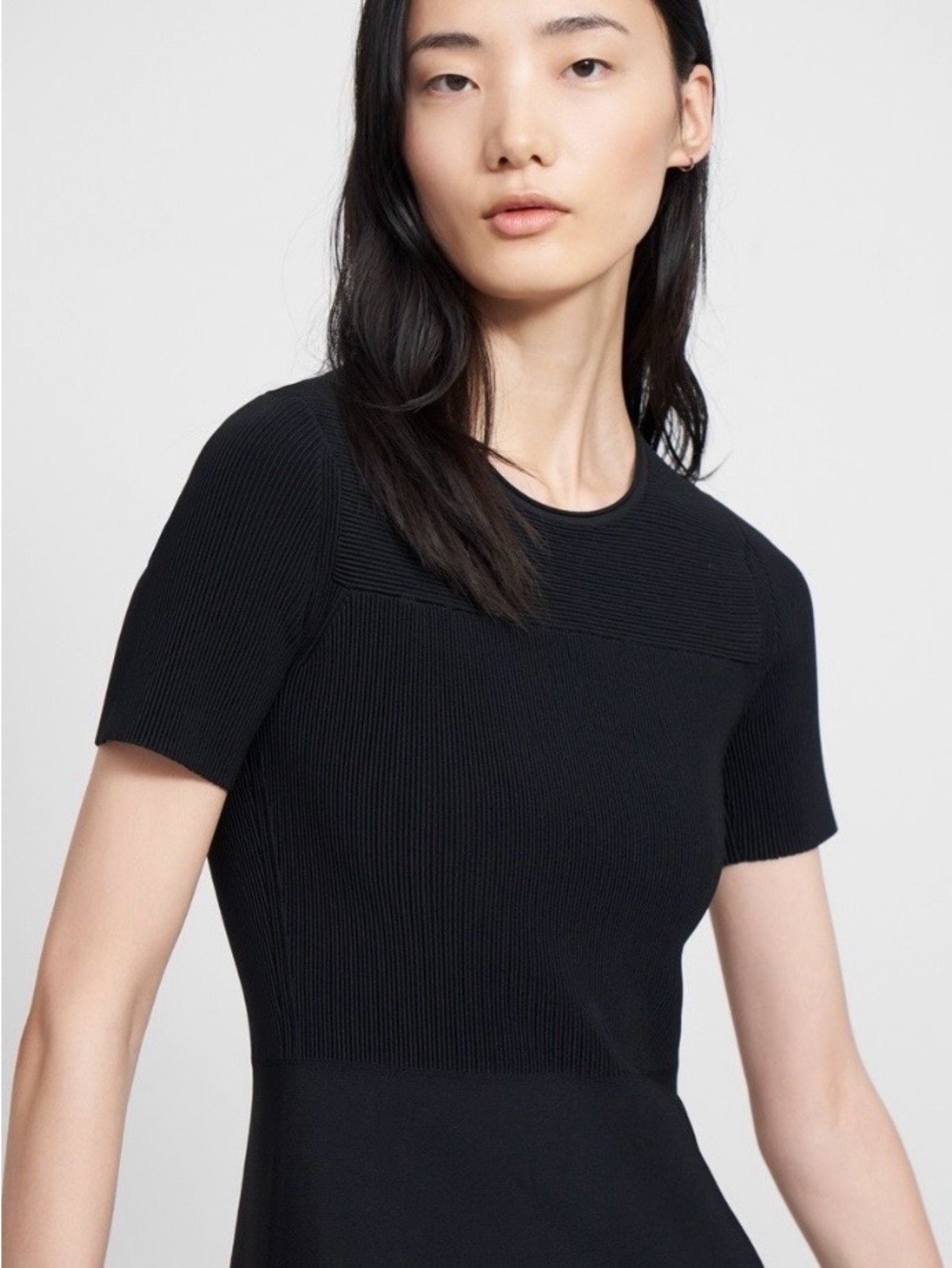 NEW Theory Ottoman Knit Flare Minimalist Black Glossed Mini Cocktail Dress Large